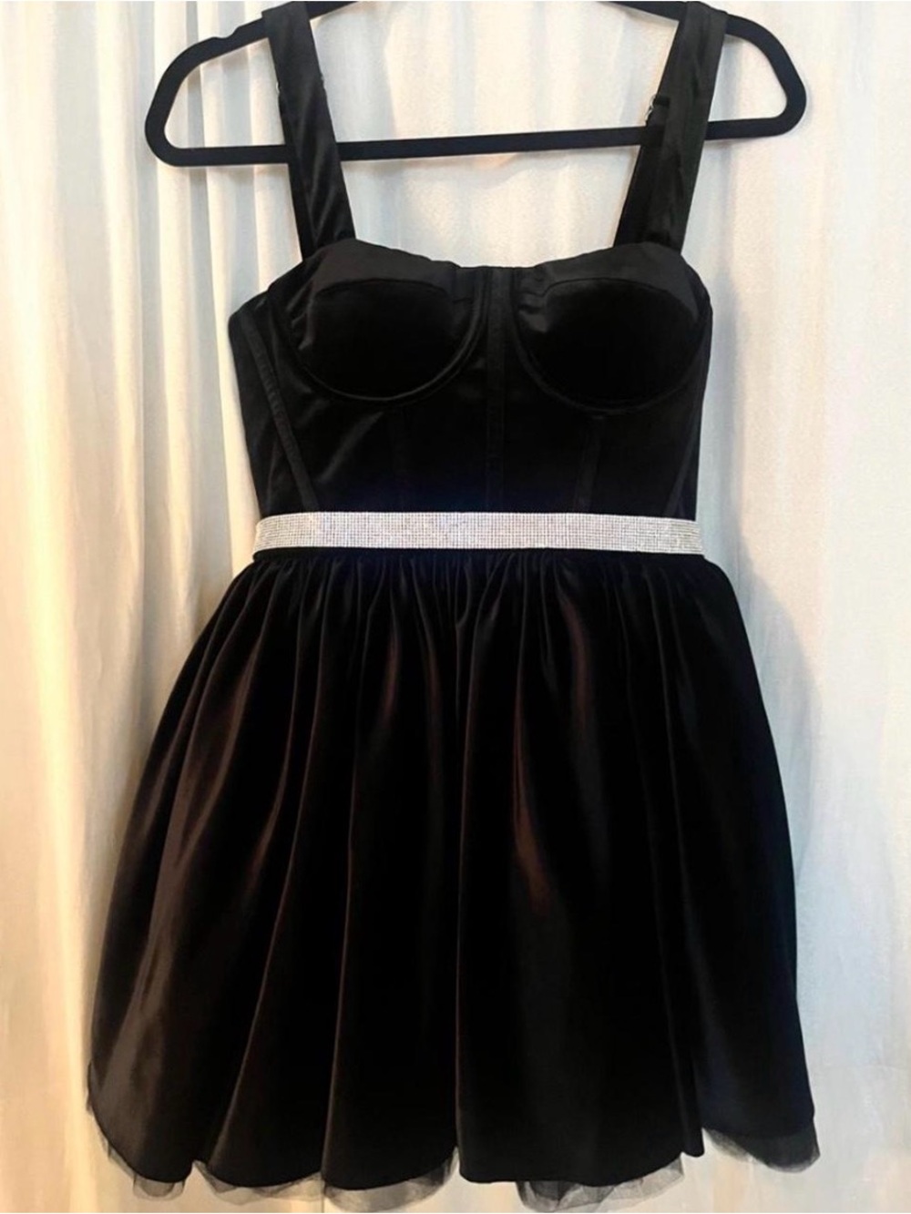Bronx and Banco Black Satin Bustier Mini Dress with Rhinestone Detachable Belt